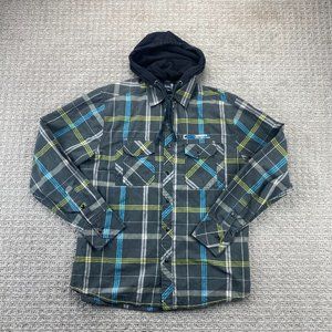 Burnside LMT Edition Shirt Men Medium Gray Blue Yellow Plaid Hooded Hoodie Surf
